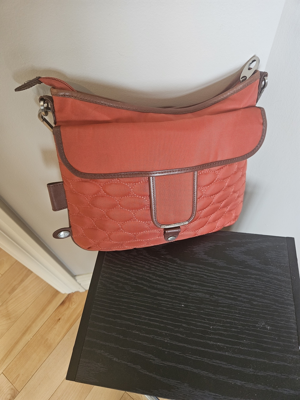 Coral Quilted Crossbody Bag with Brown Trim